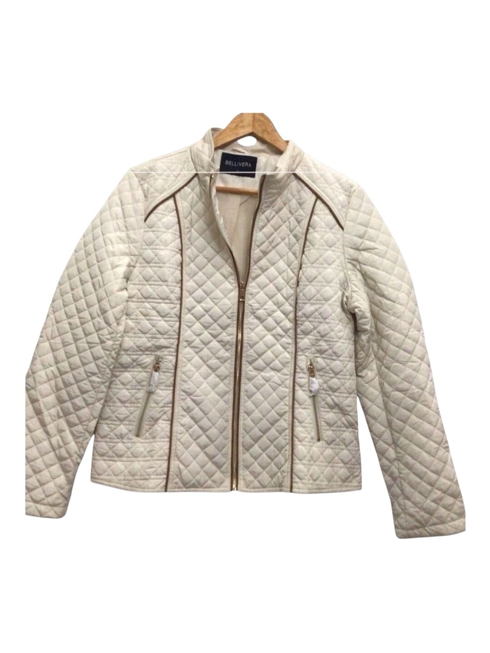 𝅺Bellivera quilted fitted jacket zip-up cream gold zippers ecru white Large